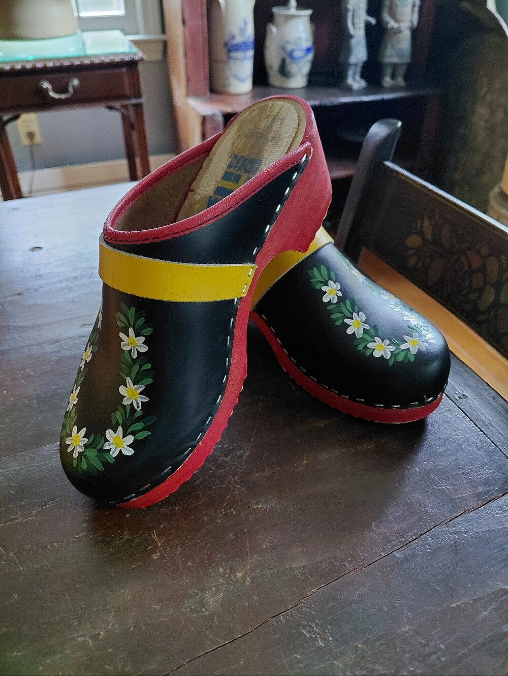 Tessa Clogs Sweden black hand painted floral leather wooden shoes Womens 6 EU 36